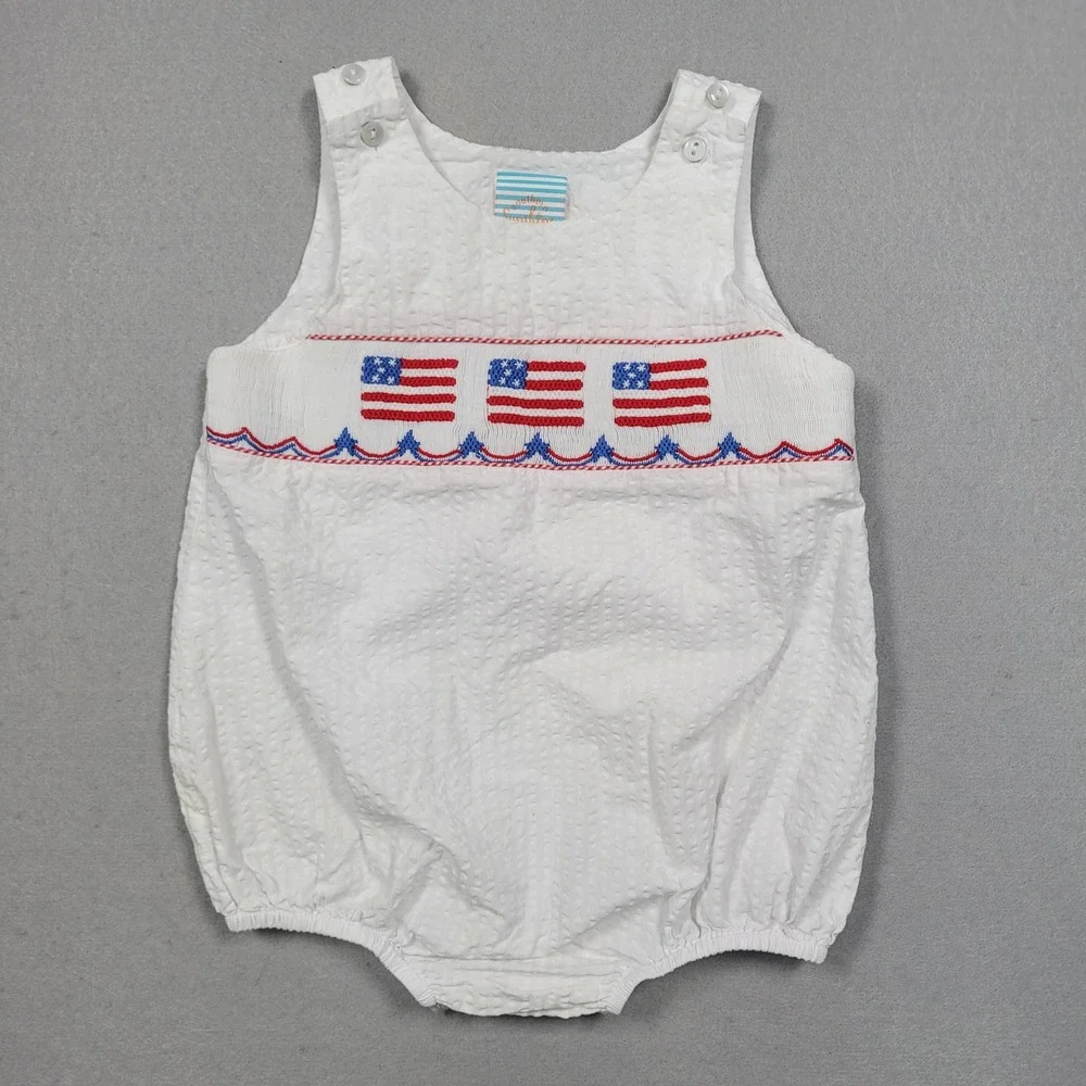 Southern Sunshine Kids American Flag‎ Smocked Seersucker Bubble Romper White 18M